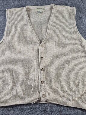 Eddie Bauer Sweater Vest Mens M Beige Knit Button Front Cardigan USA Made VTG